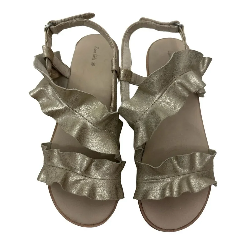 Zara Girls Gold Foil Ruffle Sandal size 36